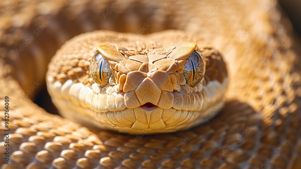 Obraz premium rattlesnake coiled and ready to strike captured in a closeup shot with fangs exposed in a fearsome wildlife predator scene