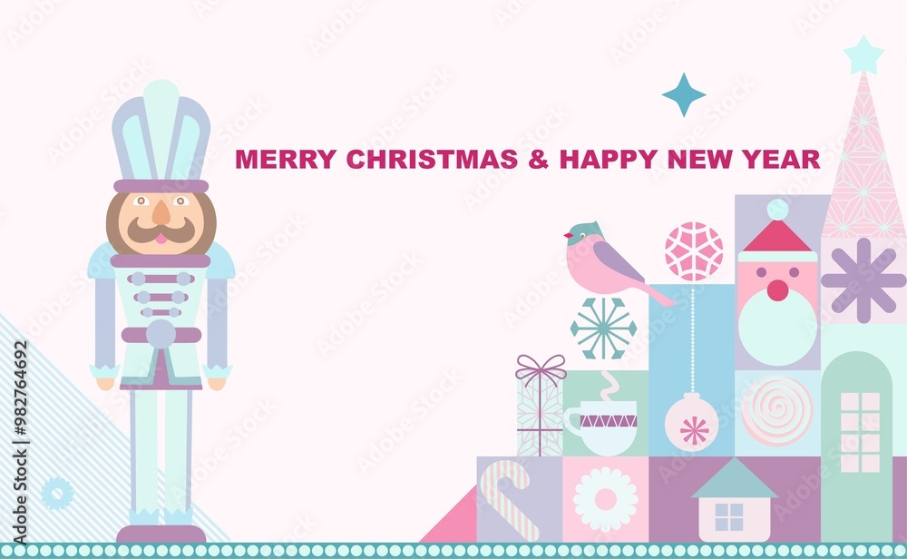Fototapeta premium Merry Christmas and Happy New Year greeting poster(banner, card) made of cartoon Christmas and New Year elements in pastel colors with typography.Minimal digital image for cover, layout, poster, flyer