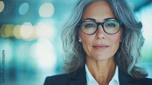 Confident businesswoman with gray hair in a professional setting.