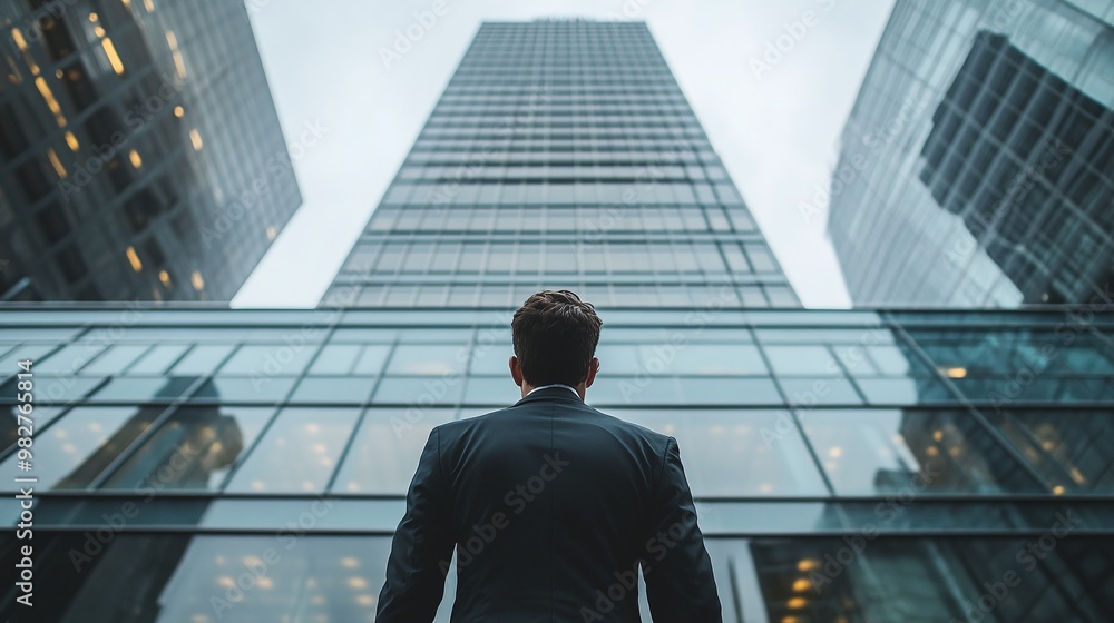 urban city businessman standing in front of a tall office building representing corporate leadership and professional business achievements urban city businessman standing in front of a tall office building representing corporate leadership and professional business achievements