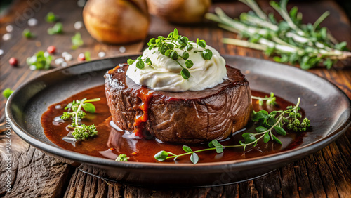 Freshly whipped cream dolloped onto a rich demiglace sauce, poured over a tender filet mignon, garnished with fresh thyme and microgreens on a rustic plate. photo