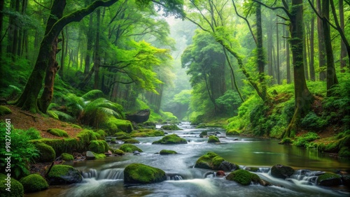 Lush forest in the rain with a flowing stream, rain, forest, stream, nature, water, trees, green, wet, foliage