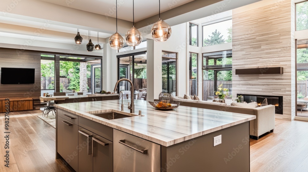 Fototapeta premium Modern kitchen with open layout, natural light, and stylish fixtures.