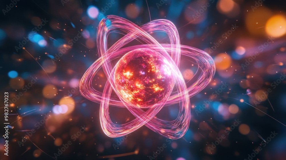 A vibrant depiction of an atom with glowing particles, symbolizing energy and science. A vibrant depiction of an atom with glowing particles, symbolizing energy and science.