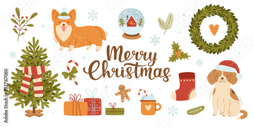 Christmas set with cute dogs and season decor. Cartoon vector xmas collection. Winter bundle.