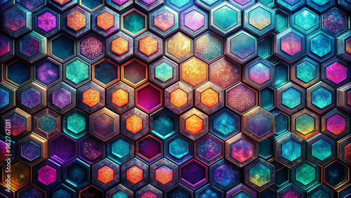 Vibrant geometric pattern featuring intricate hexagonal tiles with iridescent colors and subtle texture, creating a mesmerizing abstract design on a dark background. photo