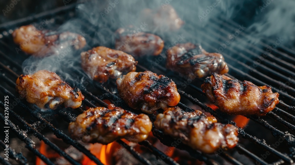 Grilled chicken wings sizzling over an open flame, emitting smoke and showcasing a delicious meal. Grilled chicken wings sizzling over an open flame, emitting smoke and showcasing a delicious meal.