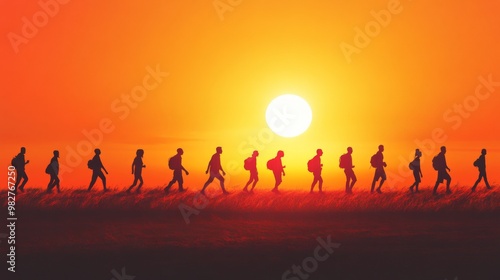 silhouette of rhythm people walking in sunset, part of body human