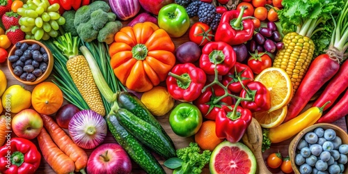 Vibrant collection of ripe fruits and vegetables , healthy, organic, fresh, colorful, natural, market, produce, nutrition