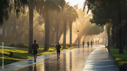 Morning joggers on a sunlit path surrounded by palm trees and mist.