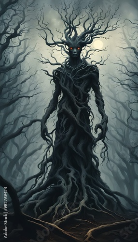 A digital painting of an ominous, black, shadowy figure made entirely of roots and branches, with glowing red eyes in the dark forest background. Aesthetic phone wallpaper