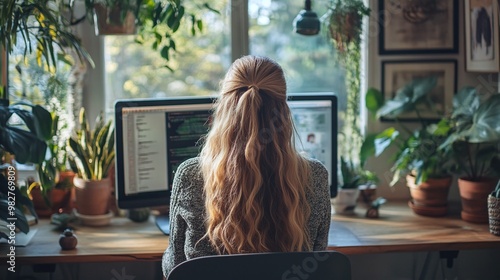 the importance of a comfortable home office as a woman works at her desk with a computer, showcasing her dedication and professionalism