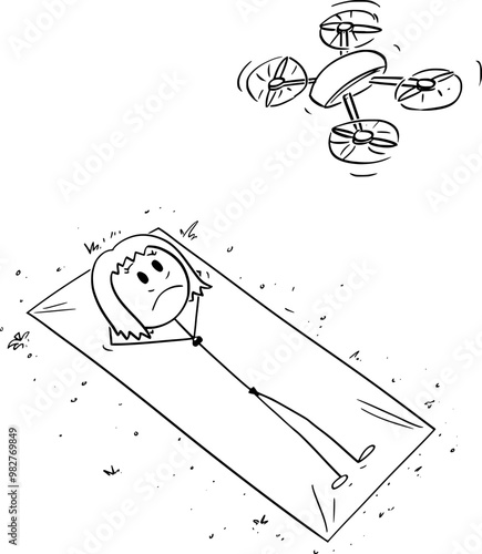 Privacy Invading Drone and Woman Sunbathing on Blanket , Vector Cartoon Stick Figure Illustration