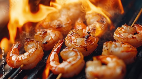 Grilled shrimp skewers sizzling over flames on a barbecue grill.