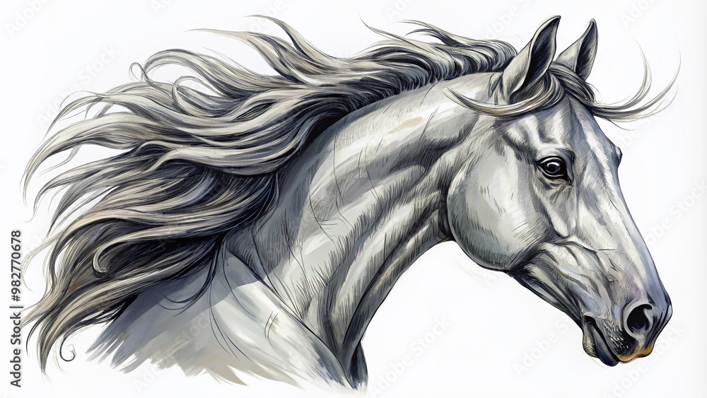 A beautiful, detailed sketch of a majestic horse's head in various shades of gray, with bold lines and subtle texture, on a white background. A beautiful, detailed sketch of a majestic horse's head in various shades of gray, with bold lines and subtle texture, on a white background.