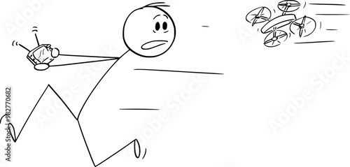 Drone Chasing Person , Vector Cartoon Stick Figure Illustration