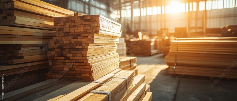 Obraz premium Stacks of wooden planks neatly arranged in a sunlit warehouse, showcasing their rich textures and colors. The sunlight streaming through the windows adds warmth and highlights the natural beauty