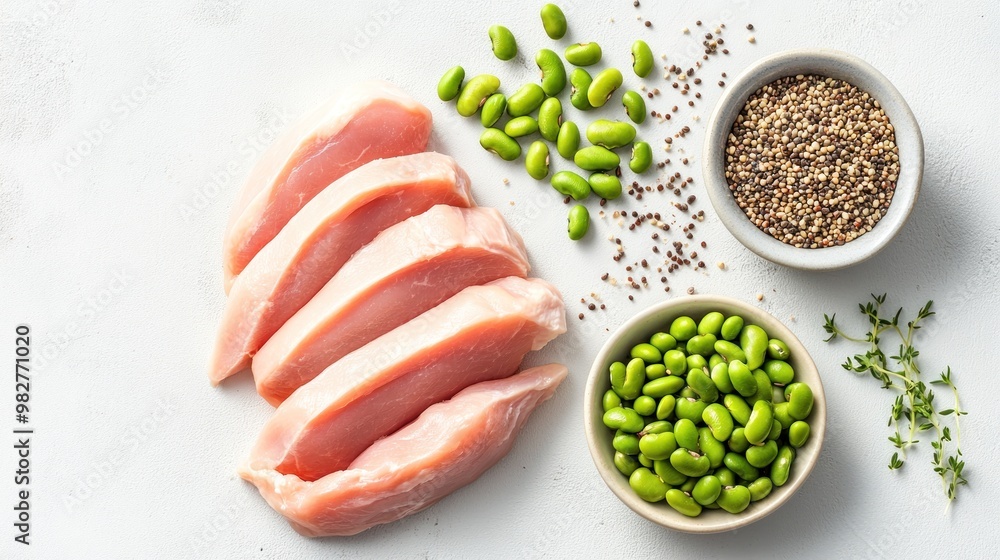 Fresh chicken breast slices with edamame and seeds for healthy meal preparation. Fresh chicken breast slices with edamame and seeds for healthy meal preparation.