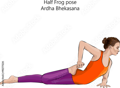 Young woman practicing Ardha Bhekasana yoga pose. Half Frog pose. Intermediate Difficulty. Isolated vector illustration.