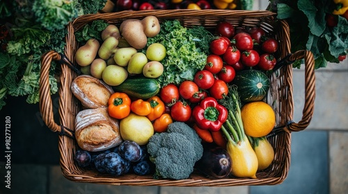 A vibrant basket filled with assorted fresh fruits and vegetables, showcasing healthy eating.