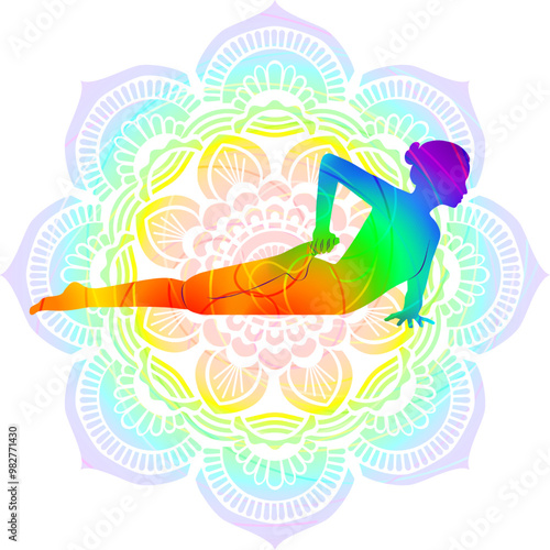 Colorful silhouette of woman practicing Ardha Bhekasana yoga pose. Half Frog pose. Intermediate Difficulty. Isolated vector illustration