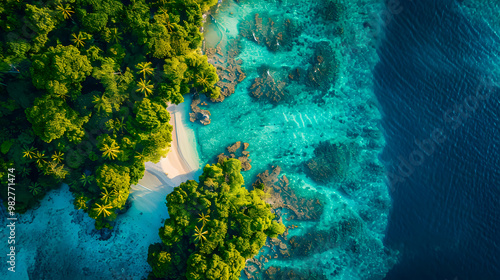Fototapeta Naklejka Na Ścianę i Meble -  top view of beautiful tropical island with dense trees, with white sand beach and clear blue waters. concept of vacation with family. 4K Island Wallpaper