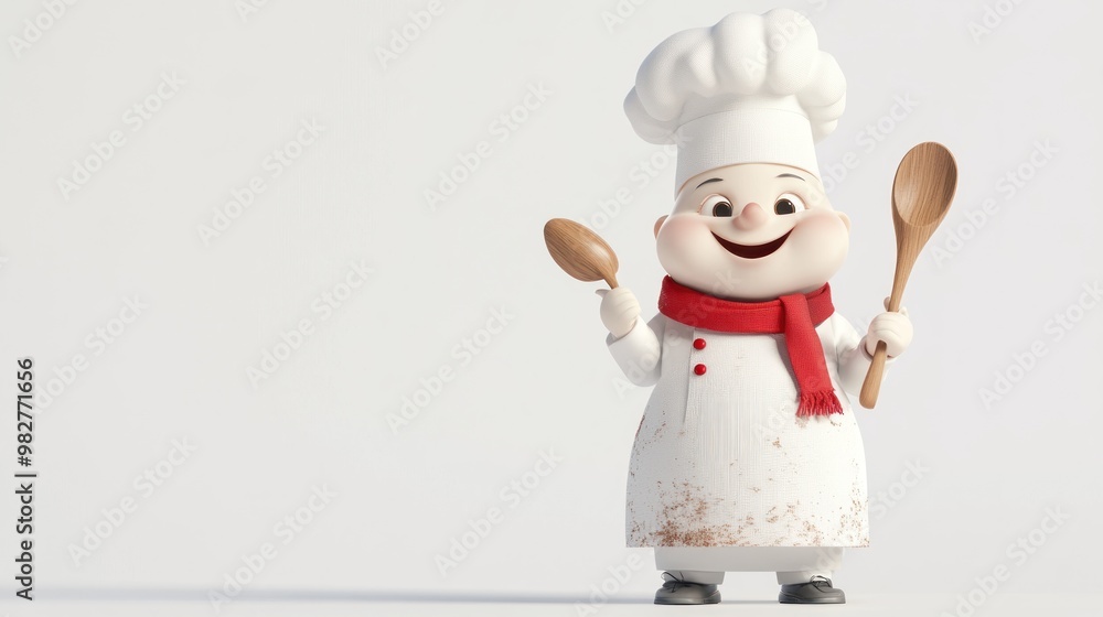 A cheerful cartoon chef holding wooden spoons, dressed in a white uniform and red scarf. A cheerful cartoon chef holding wooden spoons, dressed in a white uniform and red scarf.
