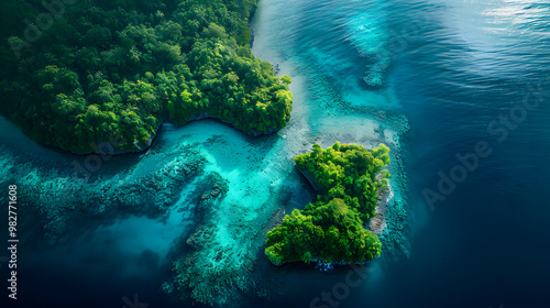 Fototapeta Naklejka Na Ścianę i Meble -  top view of beautiful tropical island with dense trees, with white sand beach and clear blue waters. concept of vacation with family. 4K Island Wallpaper