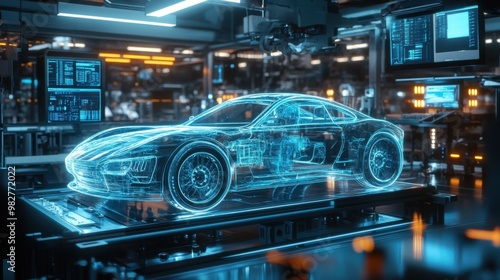 Futuristic car hologram on a production line in a hightech factory with digital displays and control panels