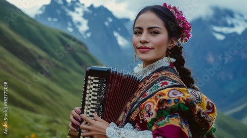 Elegant Colombian woman in a traditional Vallenato outfit, holding an accordion, standing before the lush mountains of the Sierra Nevada. Close-Up Half body Cultural Portrait and Graphic Surrealism photo