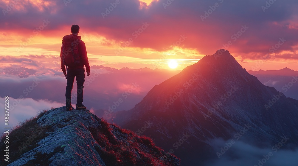 a beautiful sunset backdrop enhances the experience of solitary mountain hiking, offering tranquility and an escape into nature a beautiful sunset backdrop enhances the experience of solitary mountain hiking, offering tranquility and an escape into nature