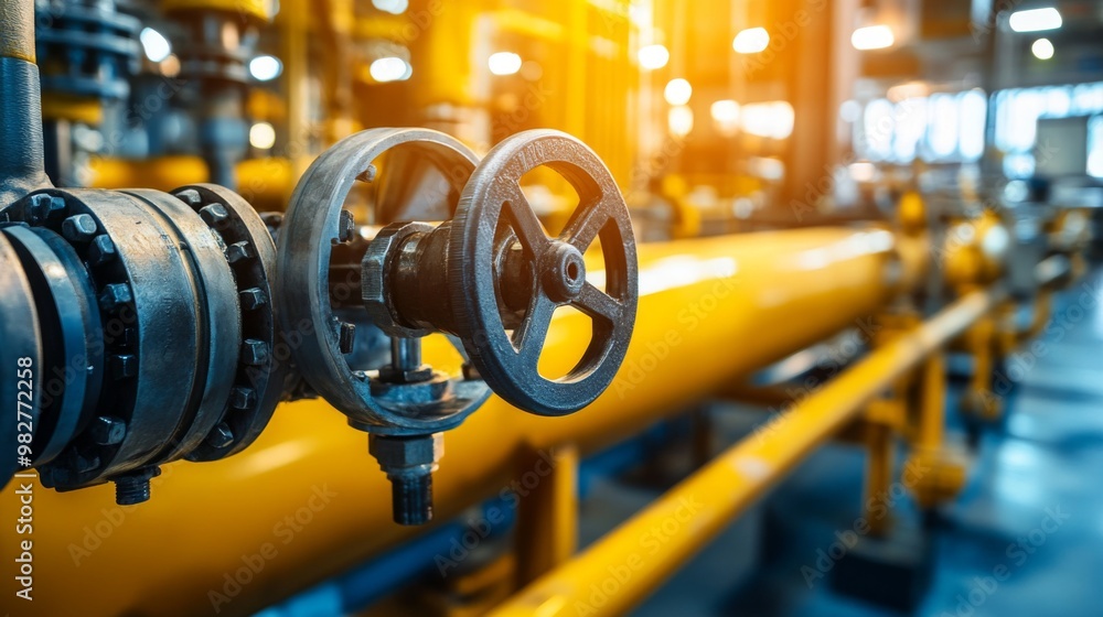 Obraz premium Steel pipelines and mechanical valves in an industrial area, bright and clean