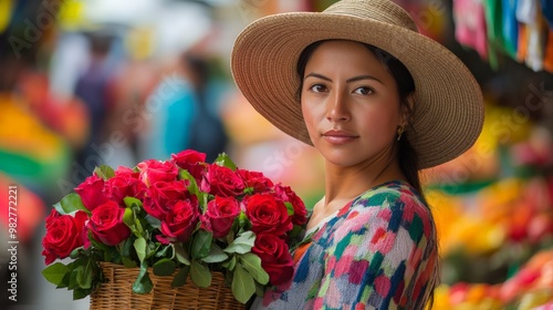 Elegant Ecuadorian woman in a traditional Panama hat, holding a basket of roses, standing against the backdrop of a colorful market. Close-Up Half body Cultural Portrait and Graphic Surrealism