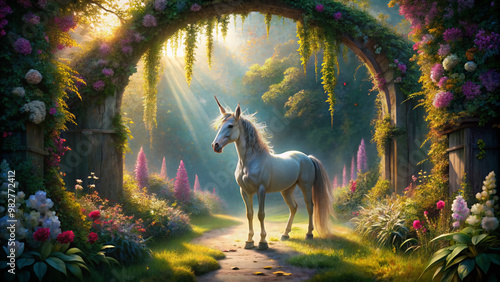 A majestic unicorn stands at the entrance of a mystical labyrinth, surrounded by blooming flowers and lush greenery, with sunlight casting a magical glow. photo