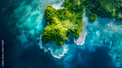 Fototapeta Naklejka Na Ścianę i Meble -  Aerial view of beautiful tropical island with dense trees, with white sand beach and clear blue waters. concept of vacation with friends. 4K Island Wallpaper