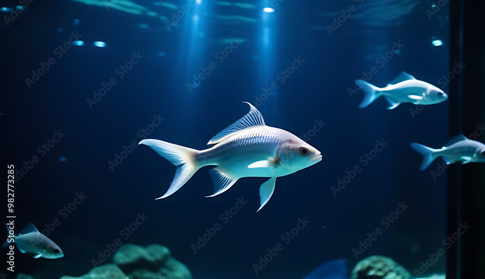 Fototapeta premium big fishes swim deep dark blue aquarium water