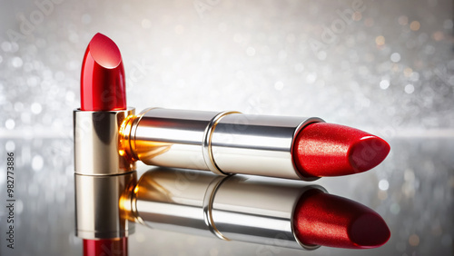 Vibrant red lipstick lies alone on a white background, its sleek tube and shimmering bullet reflecting light, evoking beauty and sensuality in a minimalist setting. photo