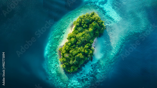 Fototapeta Naklejka Na Ścianę i Meble -  Aerial view of beautiful tropical island with dense trees, with white sand beach and clear blue waters. concept of vacation with friends. 4K Island Wallpaper
