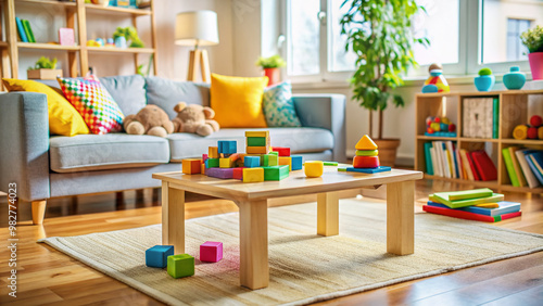 Colorful toys and baby blocks scattered around a cozy living room with a child's wooden table and a stack of picture books in the corner. photo