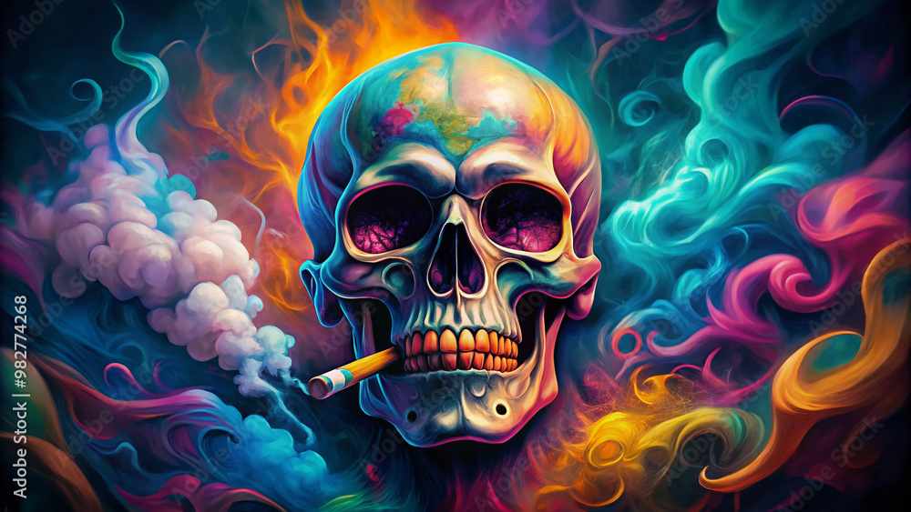 Colorful cartoon illustration of a cigarette smoking skull surrounded by swirling clouds of smoke with a hint of mischief and rebellion. Colorful cartoon illustration of a cigarette smoking skull surrounded by swirling clouds of smoke with a hint of mischief and rebellion.