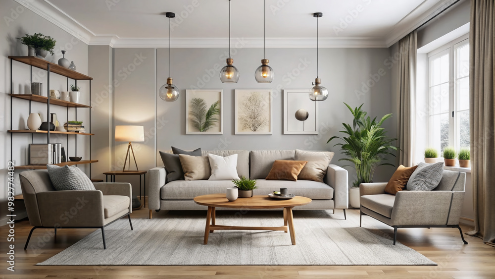 Fototapeta premium Minimalist Scandinavian-style living room with sleek lines, neutral tones, and carefully curated decorative accents, exuding a sense of modern sophistication and simplicity.