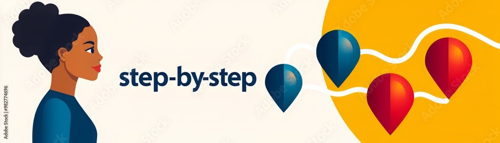 Illustration of a woman following a step-by-step path with balloons indicating progress. Perfect for guidance concepts. Illustration of a woman following a step-by-step path with balloons indicating progress. Perfect for guidance concepts.