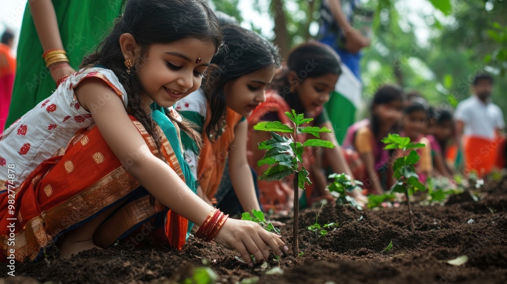 Indian patriotism displayed through a community event, with citizens participating in activities like tree planting and community service in honor of the nation Indian patriotism displayed through a community event, with citizens participating in activities like tree planting and community service in honor of the nation