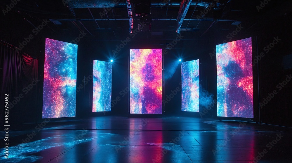 Naklejka premium abstract light show and vibrant LED projection screens on stage, offering a dynamic visual display and immersive entertainment experience