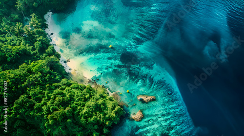 Fototapeta Naklejka Na Ścianę i Meble -  Aerial view of beautiful tropical island with dense trees, with white sand beach and clear blue waters. concept of vacation with friends. 4K Island Wallpaper