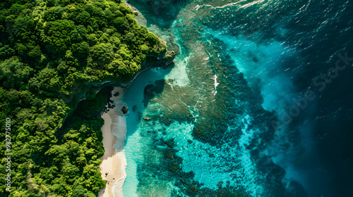 Fototapeta Naklejka Na Ścianę i Meble -  Aerial view of beautiful tropical island with dense trees, with white sand beach and clear blue waters. concept of vacation with friends. 4K Island Wallpaper