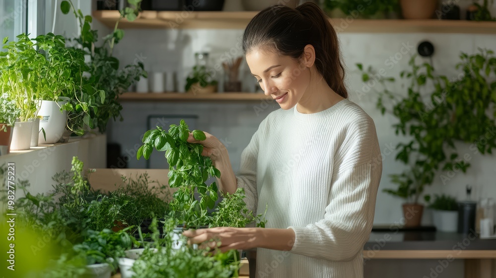 A woman lovingly cares for fresh herbs in her bright kitchen enveloped in greenery A woman lovingly cares for fresh herbs in her bright kitchen enveloped in greenery