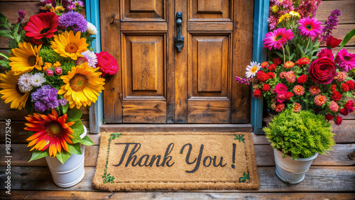 Colorful flowers and a welcome mat with a thank you note on a rustic wooden door, expressing gratitude to visitors for stopping by.