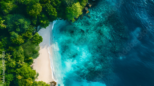 Fototapeta Naklejka Na Ścianę i Meble -  Aerial view of beautiful tropical island with dense trees, with white sand beach and clear blue waters. concept of vacation with friends. 4K Island Wallpaper