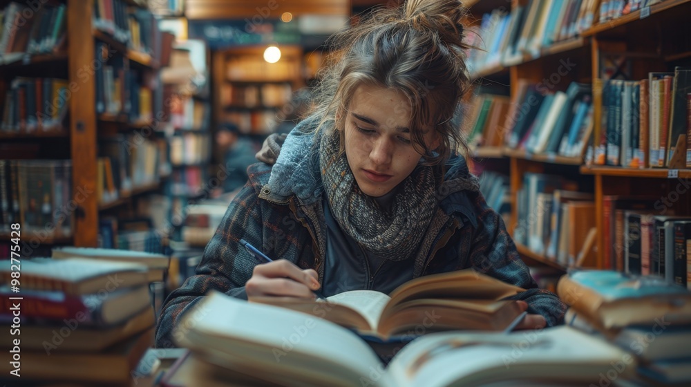 A highly realistic image of a person engaged in Writing horror stories in the library The scene is well-lit, with natural light highlighting the details. The background is slightly blurred to A highly realistic image of a person engaged in Writing horror stories in the library The scene is well-lit, with natural light highlighting the details. The background is slightly blurred to